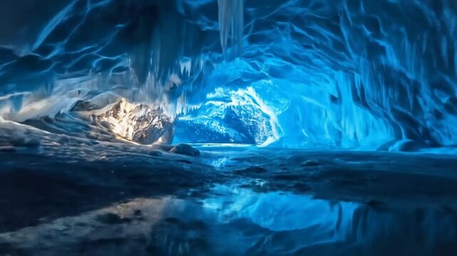 Ice cave with water reflection and blue light illuminating cavern interior