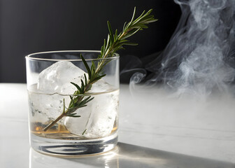 Refreshing drink with ice cubes and rosemary sprig presented in a clear glass with smoke