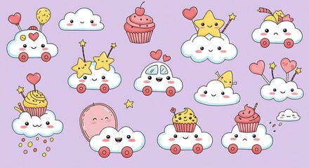 Fototapeta premium Cute Kawaii Clouds with Wheels and Sweets on Purple Background.