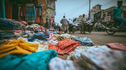 The scene depicts a bustling roadside market where various colorful clothing items are laid out on the ground, attracting women and men exploring their options. Shoppers actively b