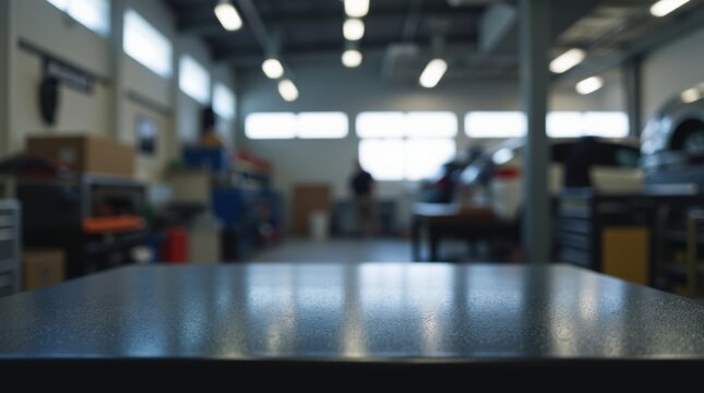 Black metal table surface in a car repair workshop. Blurred background shows the shop interior with tools shelves windows. Workshop table for product display or advertisement.