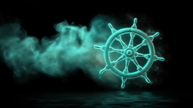 A glowing, stylized helm with emanating turquoise smoke against a dark background with reflective water