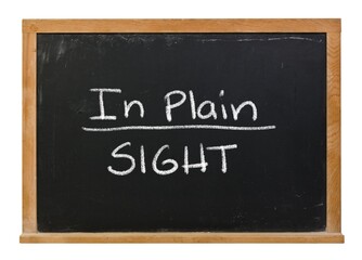 In Plain Sight over sight handwritten in white chalk on a black chalkboard isolated on white