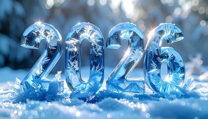 3D ice crystal numbers “2025 melting and reshaping into 2026,” frosted texture, cool blue lighting, winter atmosphere, clean background