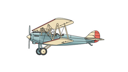 A biplane with beige wings a blue body and red accents