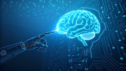 A robotic hand touches a glowing brain, symbolizing artificial intelligence, machine learning, and the future of technology in a digital world