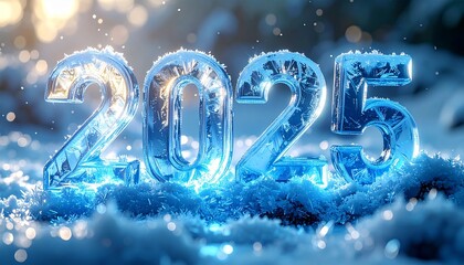 3D ice crystal numbers “2025 melting and reshaping into 2026,” frosted texture, cool blue lighting, winter atmosphere, clean background
