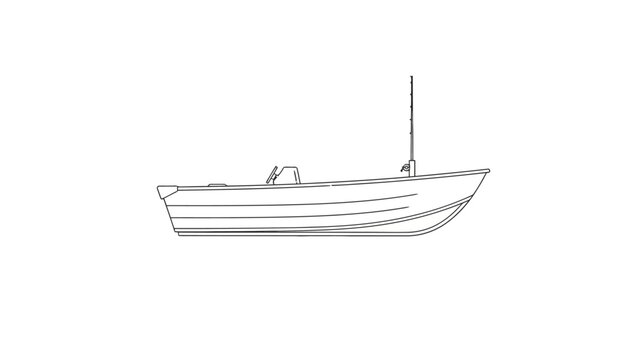 A black and white line drawing of a small boat with a mast
