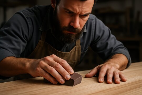Carpenter Sanding Wooden Surface. A focused craftsman smooths a long wooden board with a sanding block, showing patience, precision.