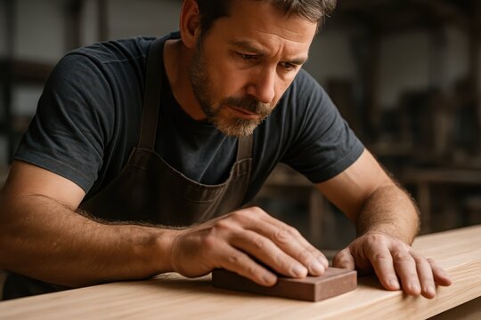 Carpenter Sanding Wooden Surface. A focused craftsman smooths a long wooden board with a sanding block, showing patience, precision. - Powered by Adobe