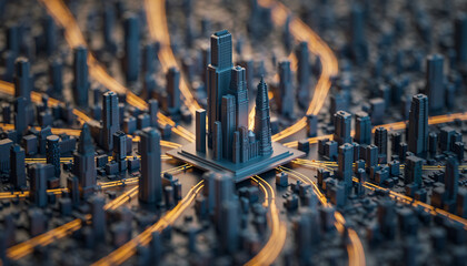 Futuristic cityscape concept with glowing network connections, showcasing urban technology and innovation for smart city development and global connectivity