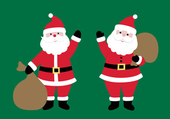 Cute Santa Claus with Gift Sack Flat Vector Illustration.
Christmas Santa Characters Waving Clipart Set.
Festive Santa Claus Figures with Bag Icon Collection.