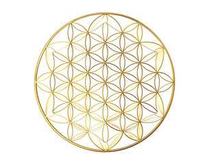Golden, geometric, circular pattern with overlapping flower-like shapes, isolated on black