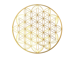 Golden, geometric, circular pattern with overlapping flower-like shapes, isolated on black