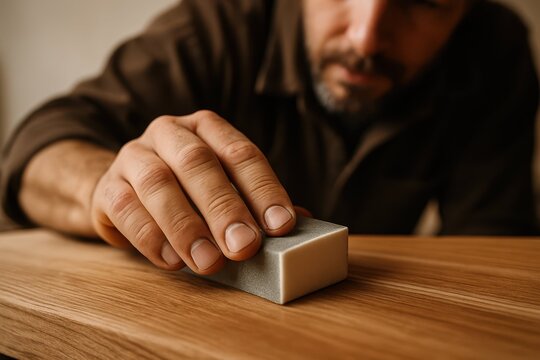 A focused craftsman smooths a long wooden board with a sanding block, showing patience, precision, and skill in a warm workshop environment filled with natural texture.