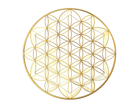 Golden, geometric, circular pattern with overlapping flower-like shapes, isolated on black