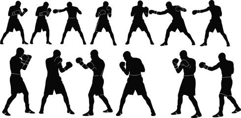 Black Silhouette Set of Boxers in Various Fighting Poses, Featuring Jabs, Guards, and Punches, Illustrating Boxing, Combat Sport, and Fitness Training