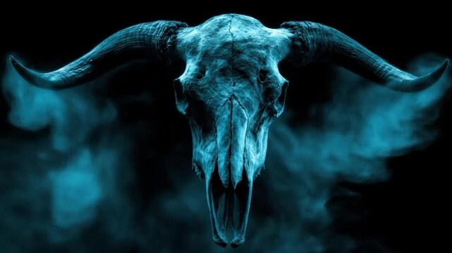 A skull with long horns glows with blue light and a smoky, atmospheric background