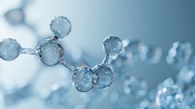Pentagonal Molecule Light Blue Background gel spheres representing skincare ingredients like coenzyme Q10 and hyaluronic acid, with a clean, abstract background for dermatology and beauty applications