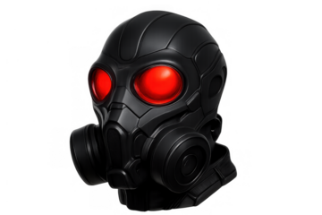 Black futuristic helmet with red glowing eyes and integrated gas mask-like respirators, transparent background isolated