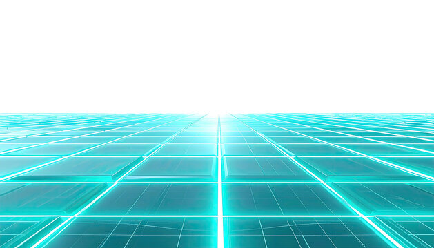 Futuristic perspective a neon grid structure receding into a bright, central vanishing point