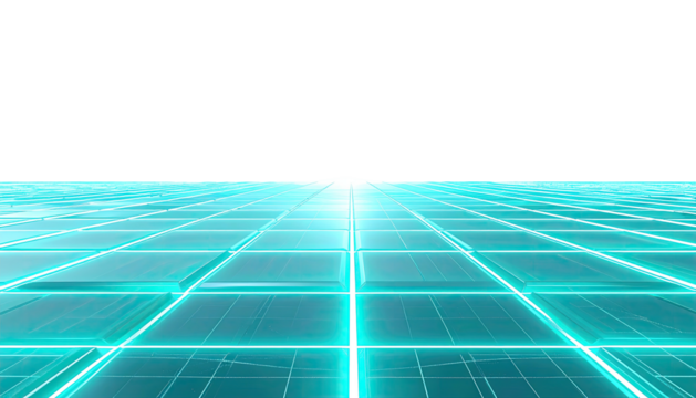 Futuristic perspective a neon grid structure receding into a bright, central vanishing point