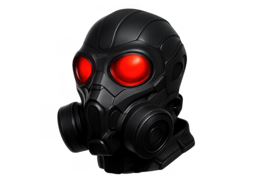 Black futuristic helmet with red glowing eyes and integrated gas mask-like respirators, transparent background isolated
