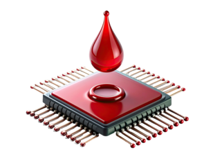 A computer chip with a shiny red drop of liquid. Black background. Realistic illustration