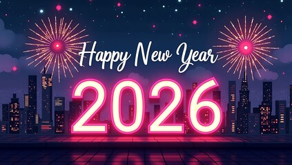 Happy New Year 2026 glowing neon rooftop party with city skyline and colorful fireworks