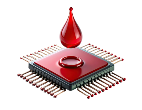 A computer chip with a shiny red drop of liquid. Black background. Realistic illustration