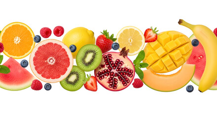 Assortment of fresh fruits including orange grapefruit kiwi strawberry banana and mango isolated on a transparent background