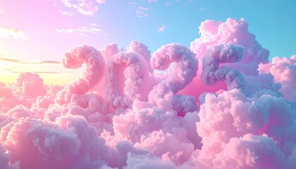 3D pastel cloudscape with floating cotton-like numbers “2025 → 2026,” soft airy lighting, pink-blue gradient sky, dreamy gentle tone