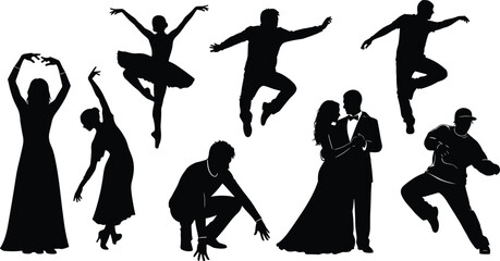Black Silhouette Set of Diverse Dancers and Couples, Including Ballet, Modern, and Ballroom Styles, Symbolizing Artistic Performance, Celebration, and Movement