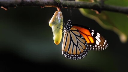 Monarch butterfly emerging from its chrysalis, hanging upside down on a twig, wings unfurled, nature metamorphosis, insect life cycle - Powered by Adobe
