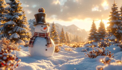 Snowman standing in a snowy landscape, pine trees in the background, festive atmosphere, postcard design