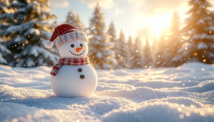 Snowman standing in a snowy landscape, pine trees in the background, festive atmosphere, postcard design