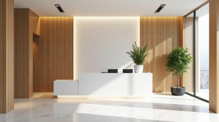 Modern office reception area with minimalist design. Stylish lobby with white desk plants, wooden walls. Light elegant decor space in bright colors. Contemporary interior room is luxury, upscale.