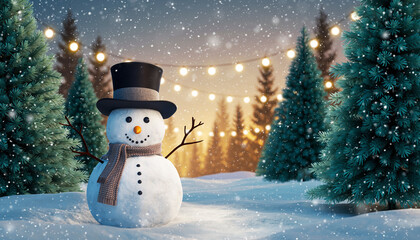 Snowman standing in a snowy landscape, pine trees in the background, festive atmosphere, postcard design