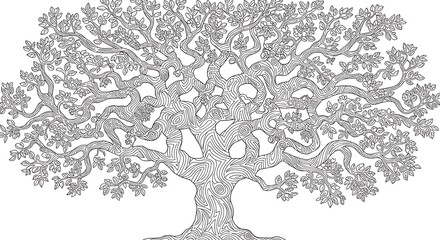 Detailed Line Art of an Ancient Oak Tree with Intricate Branches and Leaves.