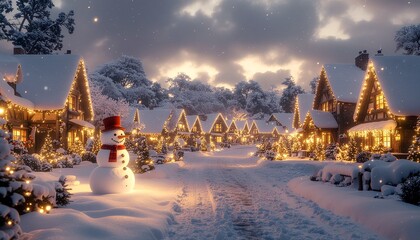 Snowman standing in a charming christmas village, glowing lanterns and festive lights, magical winter evening, greeting card style