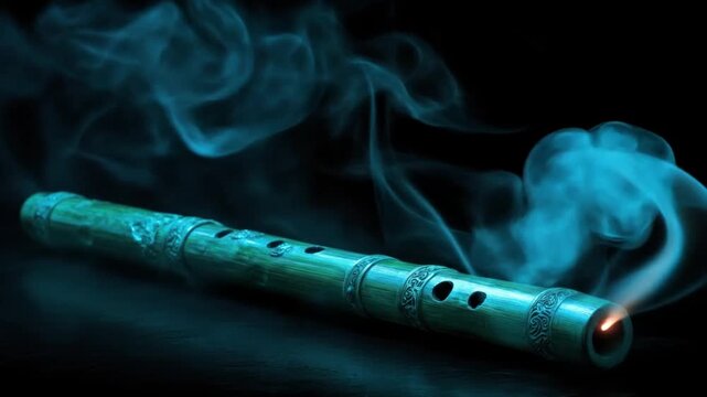 A bamboo flute with intricate detailing, emitting smoke and glowing tip. Against a black backdrop
