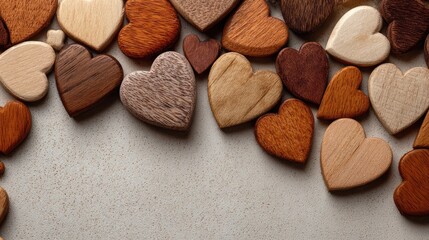 Background with wooden hearts, place for text. Hearts, Generative Ai