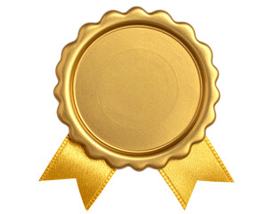 Gold seal with ribbon isolated on transparent background.