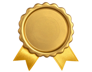 Gold seal with ribbon isolated on transparent background.