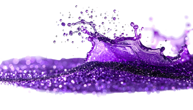 Purple liquid splash with sparkle bokeh effect against a black background, a dynamic element
