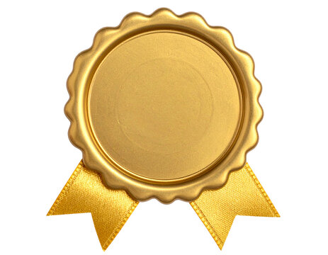 Gold seal with ribbon isolated on transparent background.