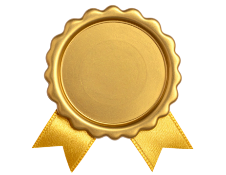 Gold seal with ribbon isolated on transparent background.