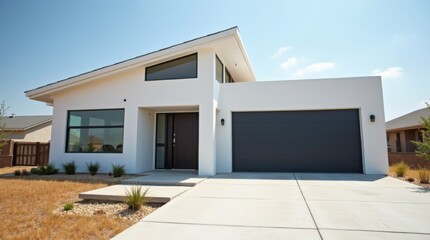 Modern white home with angular roof. Dark garage door sits beside glass entry. Dry grass landscaping borders concrete driveway. Sunny daytime exterior view. 