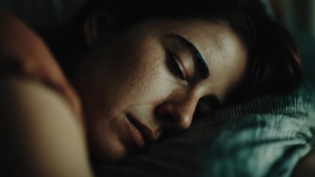 Close-up of a person asleep on a pillow. The lighting is soft and natural