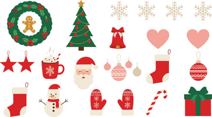 Mega Set of Cute Christmas Holiday Flat Icons and Decorations Vector Illustration